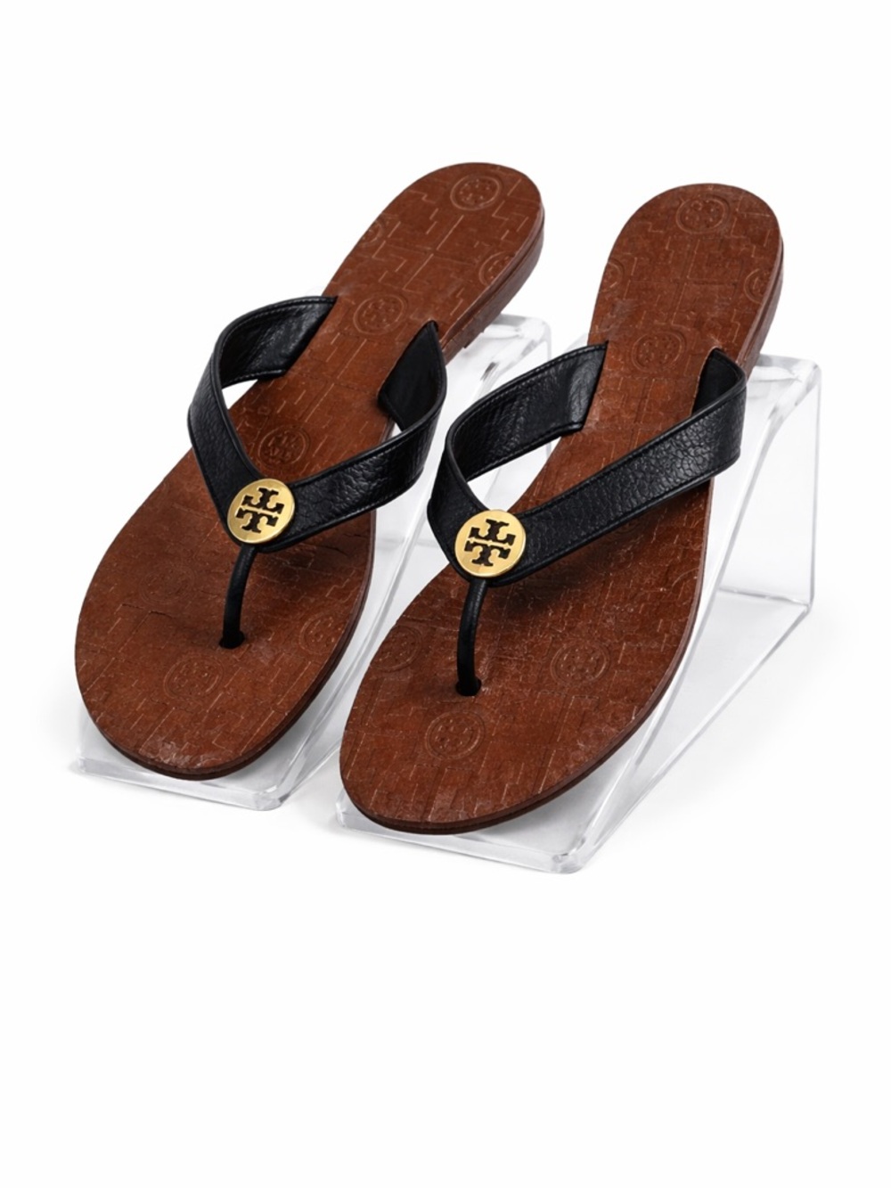Tory Burch Black and Brown Sandals with Gold Logo